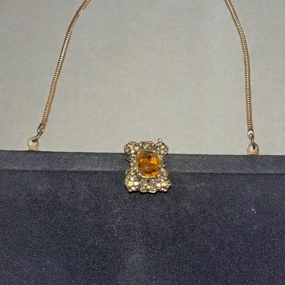 Gorgeous Little Vintage Black Evening Bag with Amber Colored Stone Clasp